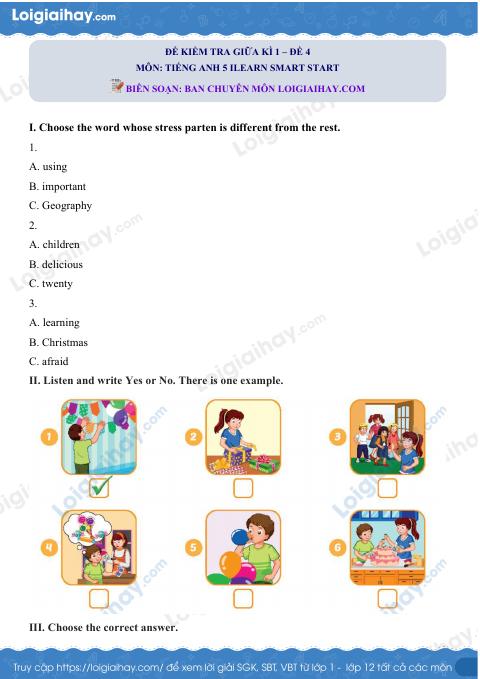 Đề thi giữa kì 1 Tiếng Anh 5 iLearn Smart Start - Đề số 4